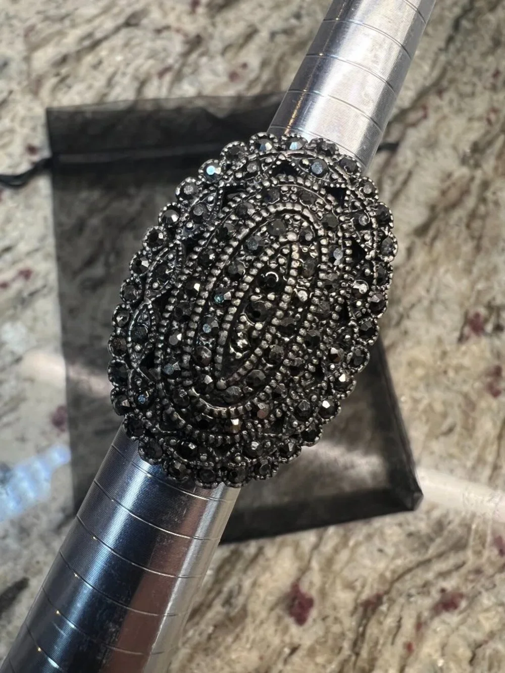 Vintage Marcasite Style Statement Cocktail Ring - Oxidized Black Oval SIZE 6.5/7
